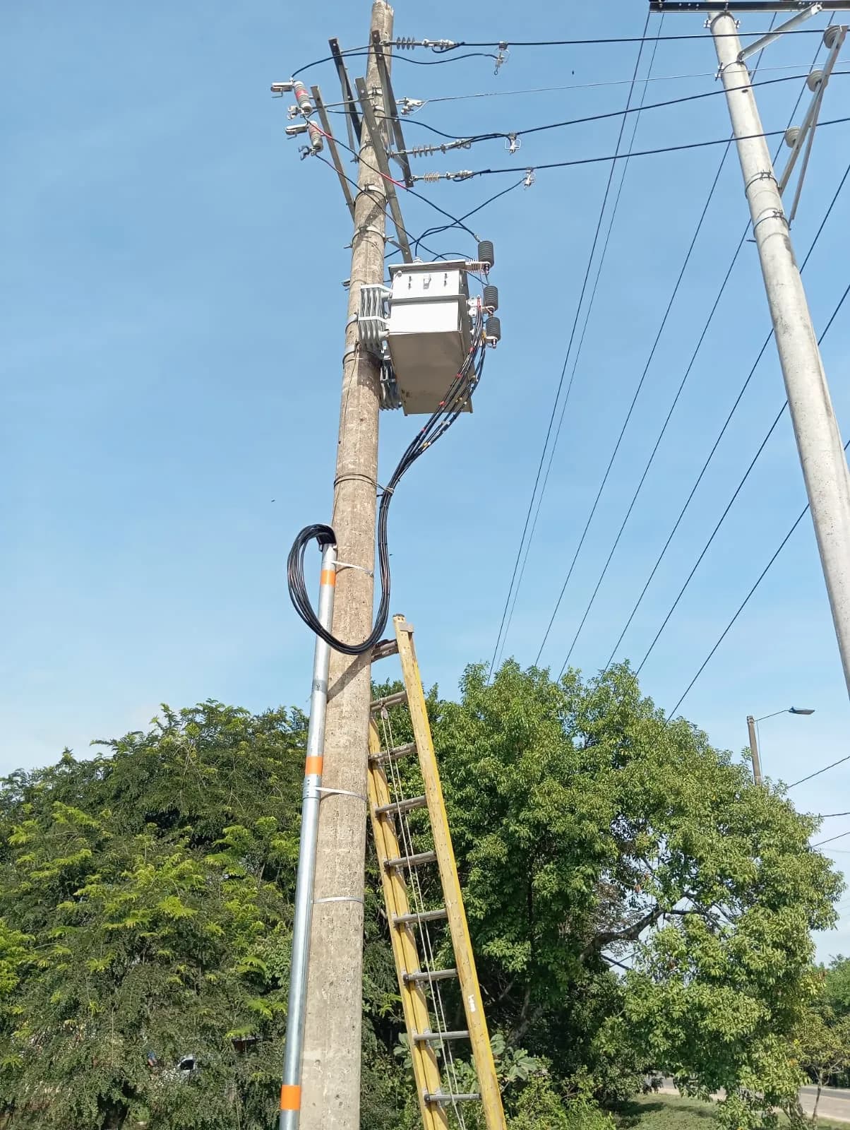 Transformador aéreo instalado sobre poste de concreto con su acometida, seccionadores y bajante hacia el predio.