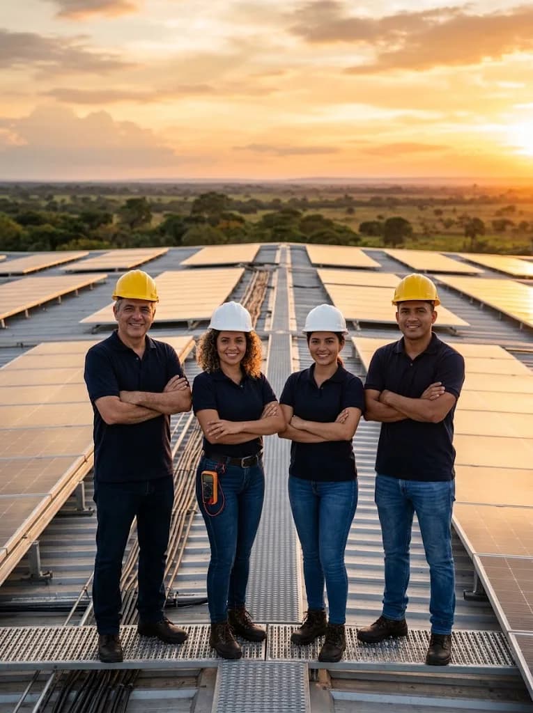 Equipo técnico de Voltaje Zero Ingeniería sobre una instalación solar al atardecer llanero